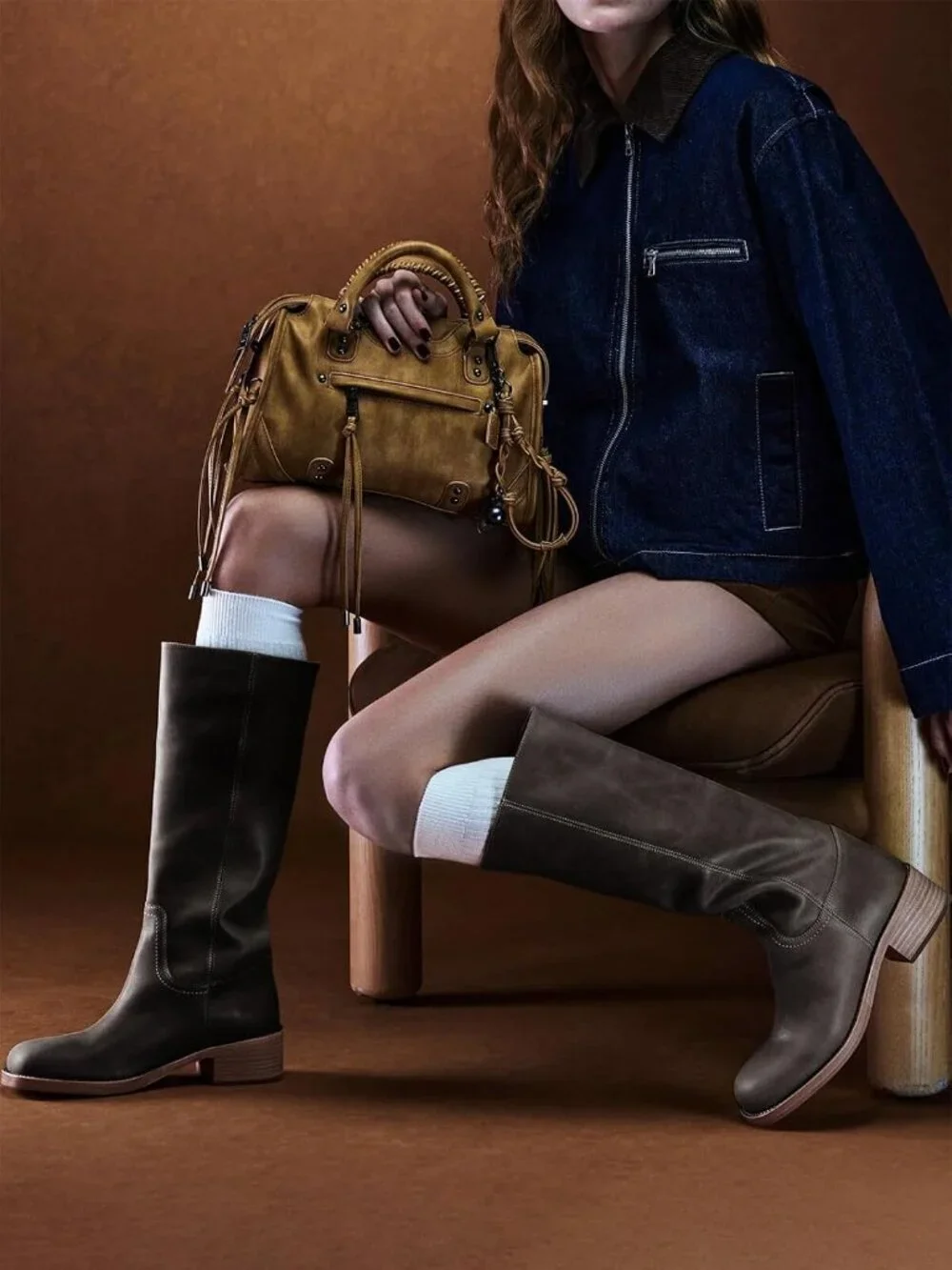 Women Blackish Brown Square Toe Chunky Low Block Heel Comfortable Knee High Boot